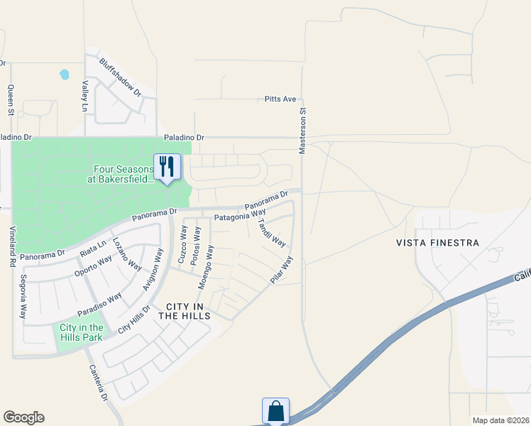 map of restaurants, bars, coffee shops, grocery stores, and more near 11106 Patagonia Way in Bakersfield
