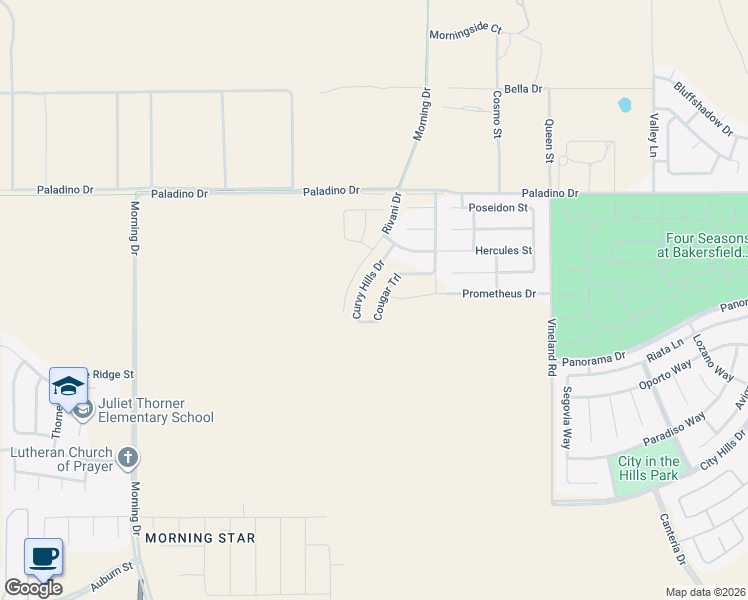 map of restaurants, bars, coffee shops, grocery stores, and more near 6111 Curvy Hills Drive in Bakersfield