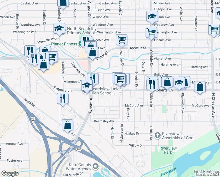 map of restaurants, bars, coffee shops, grocery stores, and more near 315 Covey Avenue in Bakersfield