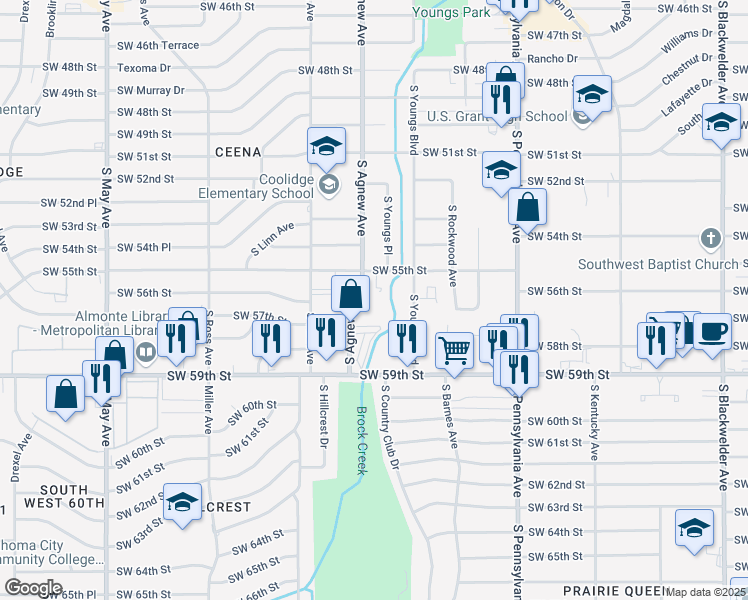 map of restaurants, bars, coffee shops, grocery stores, and more near 5700 South Agnew Avenue in Oklahoma City