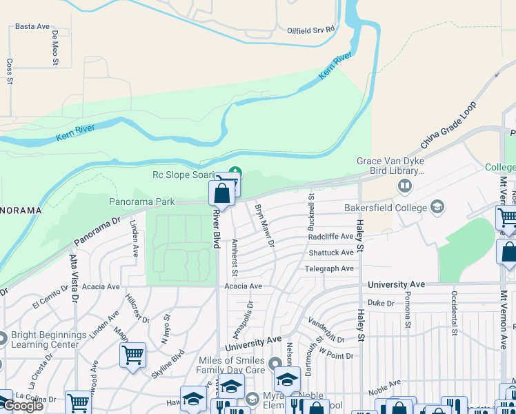 map of restaurants, bars, coffee shops, grocery stores, and more near 3922 Bryn Mawr Drive in Bakersfield