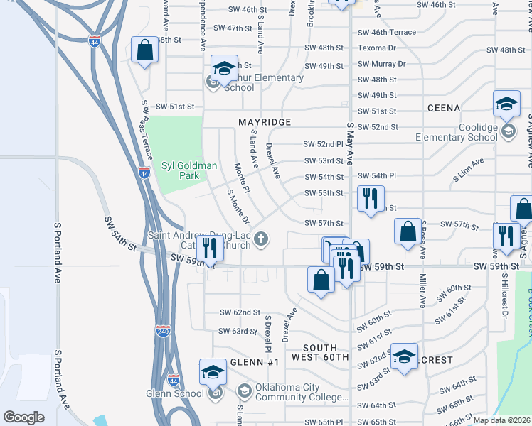 map of restaurants, bars, coffee shops, grocery stores, and more near 5520 Monte Place in Oklahoma City