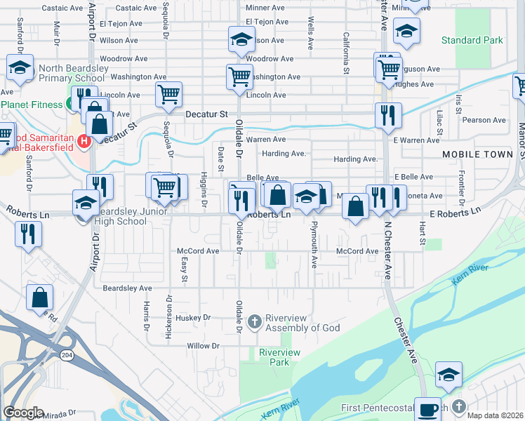 map of restaurants, bars, coffee shops, grocery stores, and more near 336 Roberts Lane in Bakersfield