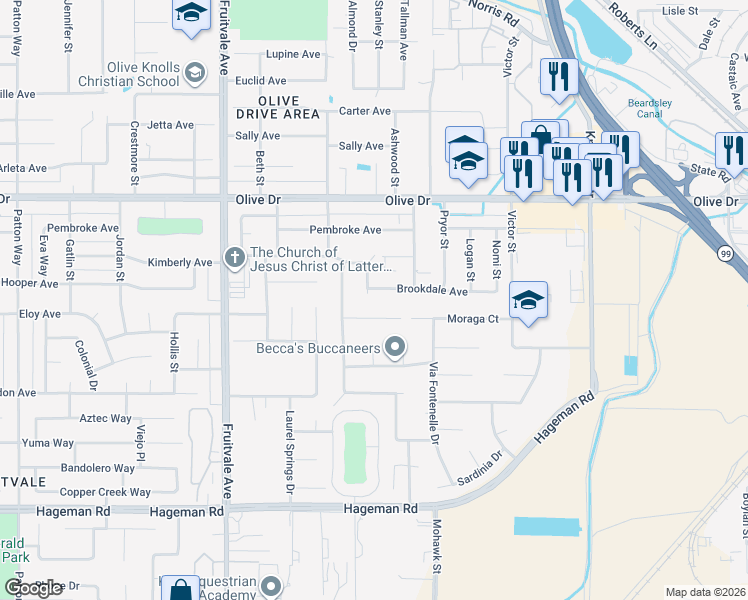 map of restaurants, bars, coffee shops, grocery stores, and more near 5605 Bayberry Avenue in Bakersfield