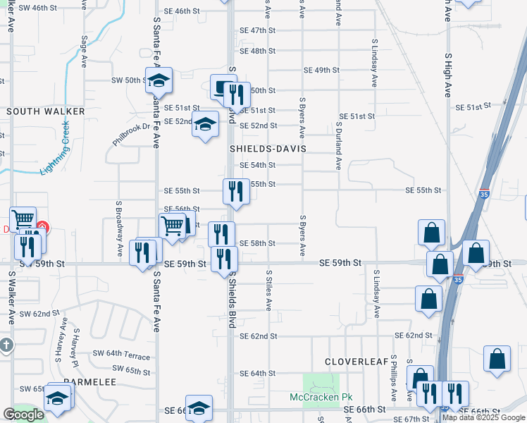 map of restaurants, bars, coffee shops, grocery stores, and more near 239 Southeast 57th Street in Oklahoma City