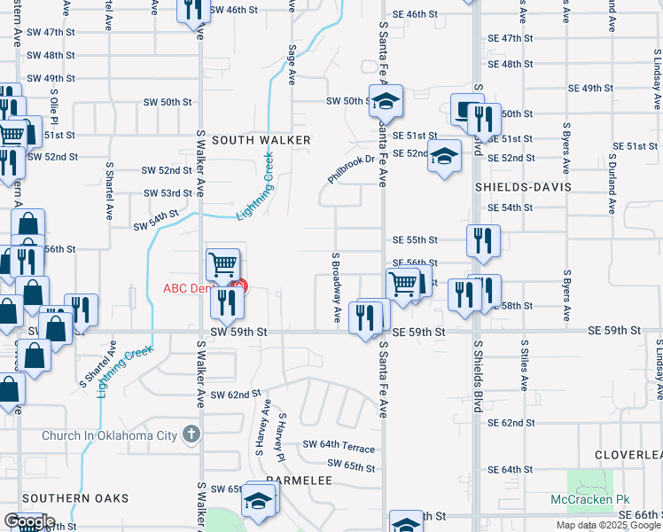 map of restaurants, bars, coffee shops, grocery stores, and more near 5713 South Broadway Avenue in Oklahoma City