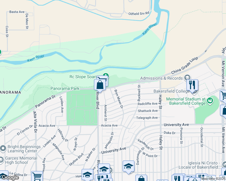 map of restaurants, bars, coffee shops, grocery stores, and more near 945 Panorama Drive in Bakersfield