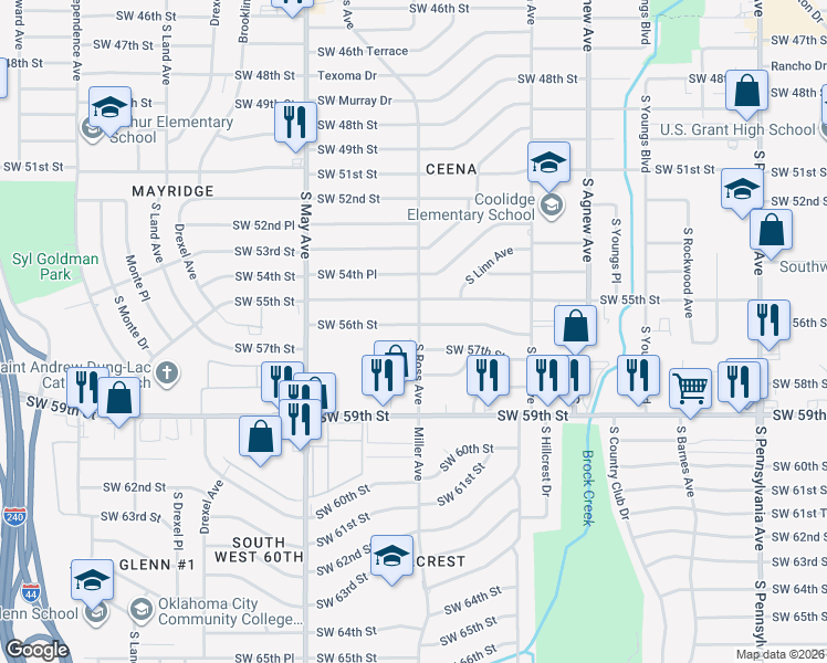 map of restaurants, bars, coffee shops, grocery stores, and more near 5701 South Ross Avenue in Oklahoma City