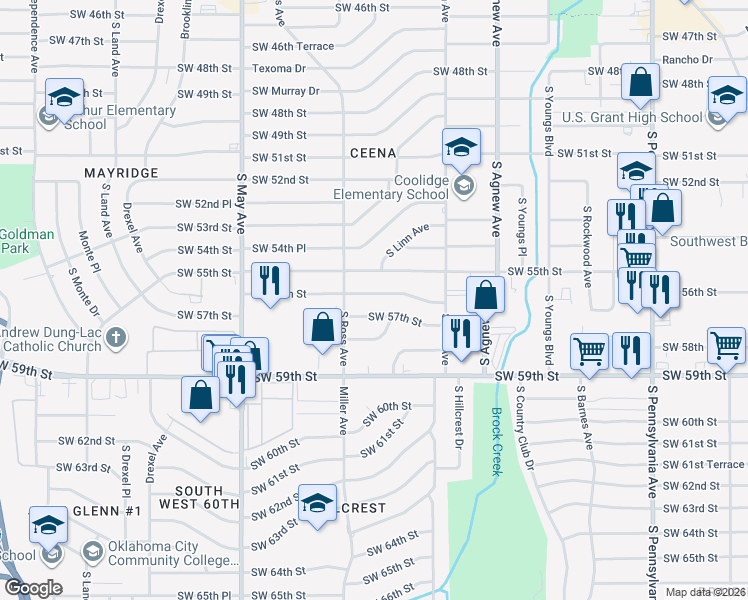 map of restaurants, bars, coffee shops, grocery stores, and more near 2616 Southwest 56th Street in Oklahoma City