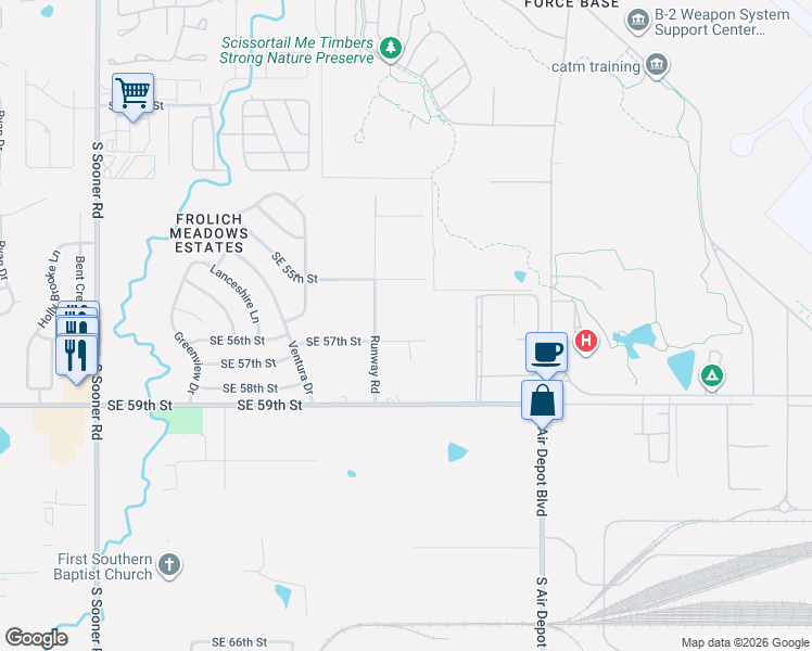 map of restaurants, bars, coffee shops, grocery stores, and more near 6517 Southeast 57th Street in Oklahoma City