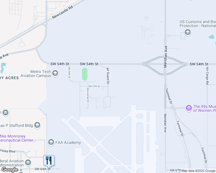 map of restaurants, bars, coffee shops, grocery stores, and more near 5920 Air Guard Drive in Oklahoma City