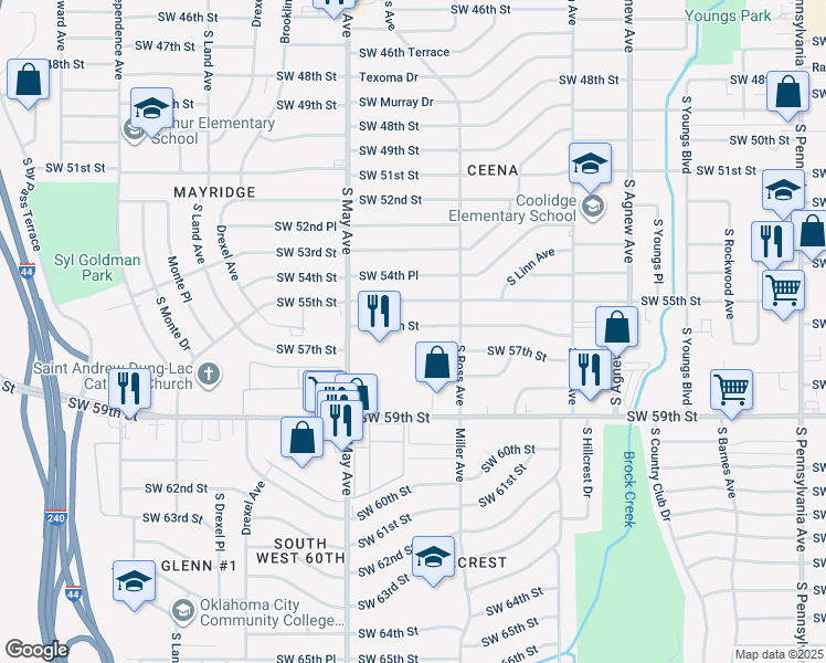map of restaurants, bars, coffee shops, grocery stores, and more near 2732 Southwest 56th Street in Oklahoma City