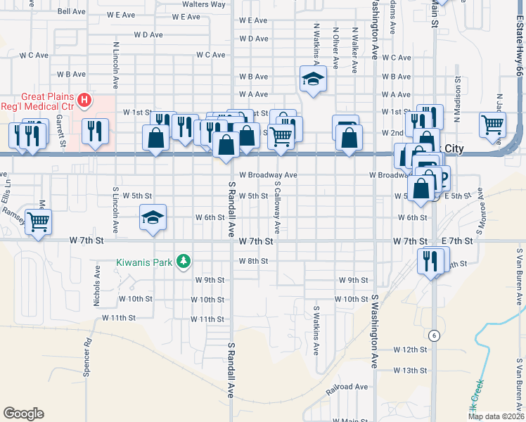 map of restaurants, bars, coffee shops, grocery stores, and more near 212 South Howard Avenue in Elk City
