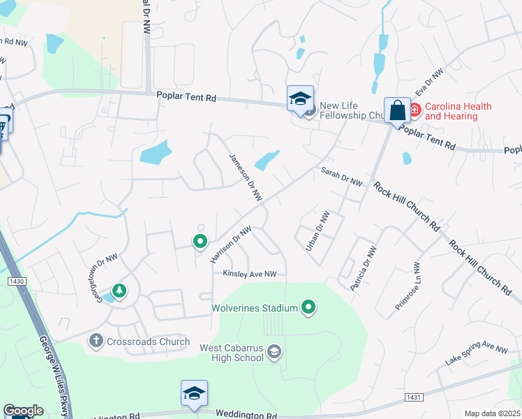 map of restaurants, bars, coffee shops, grocery stores, and more near 2639 Jameson Drive Northwest in Concord