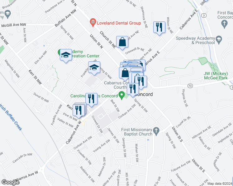 map of restaurants, bars, coffee shops, grocery stores, and more near 63 Cabarrus Avenue West in Concord