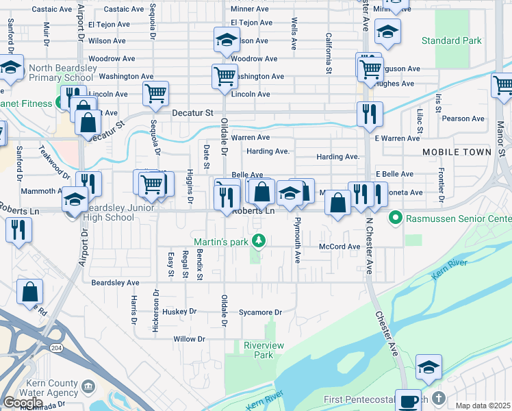 map of restaurants, bars, coffee shops, grocery stores, and more near 330 Roberts Lane in Bakersfield