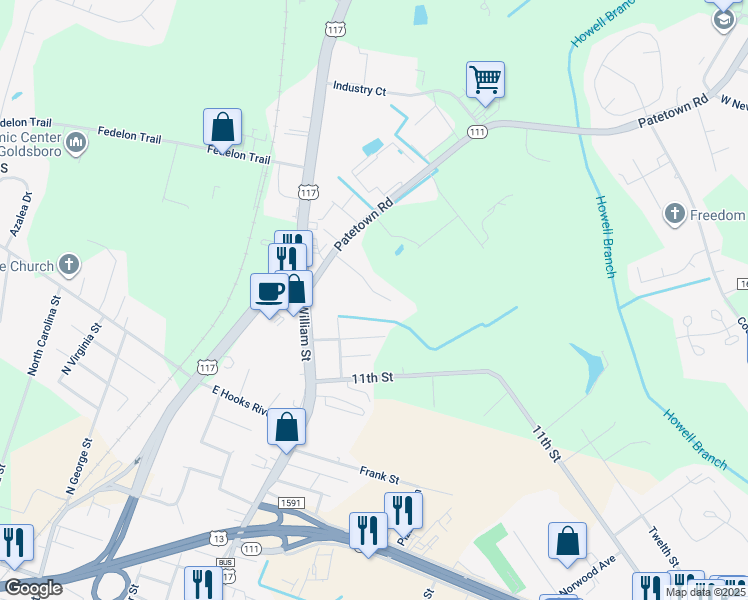 map of restaurants, bars, coffee shops, grocery stores, and more near 201 North Alpha Court in Goldsboro