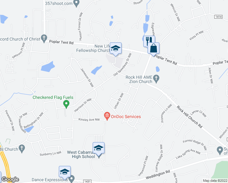 map of restaurants, bars, coffee shops, grocery stores, and more near 490 Fisk Street Northwest in Concord