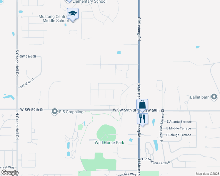 map of restaurants, bars, coffee shops, grocery stores, and more near 11537 Southwest 56th Street in Mustang