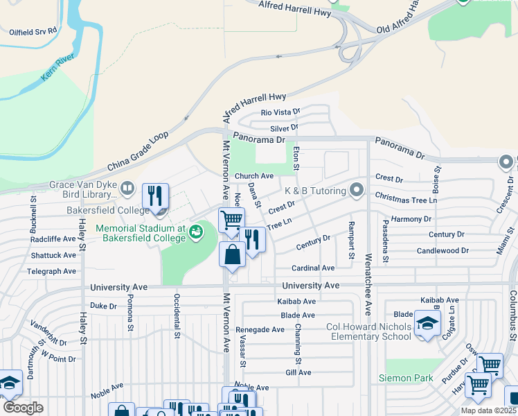 map of restaurants, bars, coffee shops, grocery stores, and more near 2508 Crest Drive in Bakersfield