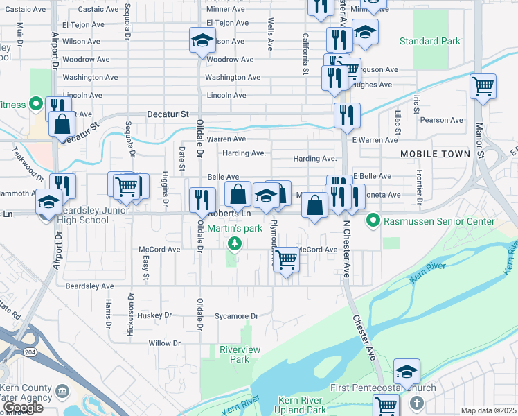 map of restaurants, bars, coffee shops, grocery stores, and more near 308 Roberts Lane in Bakersfield