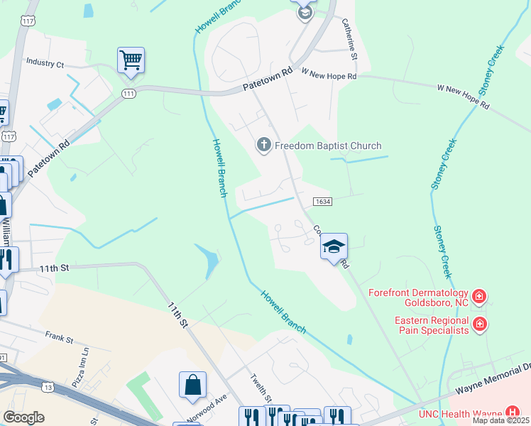 map of restaurants, bars, coffee shops, grocery stores, and more near 380 Country Day Road in Goldsboro