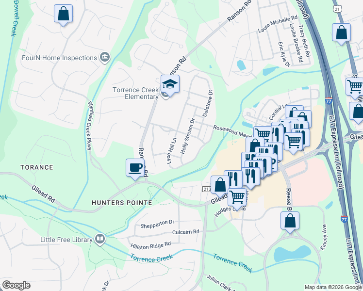 map of restaurants, bars, coffee shops, grocery stores, and more near 13812 Holly Stream Drive in Huntersville