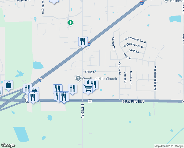 map of restaurants, bars, coffee shops, grocery stores, and more near 100 Shady Lane in Roland