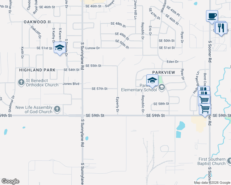 map of restaurants, bars, coffee shops, grocery stores, and more near 5801 Epperly Drive in Oklahoma City