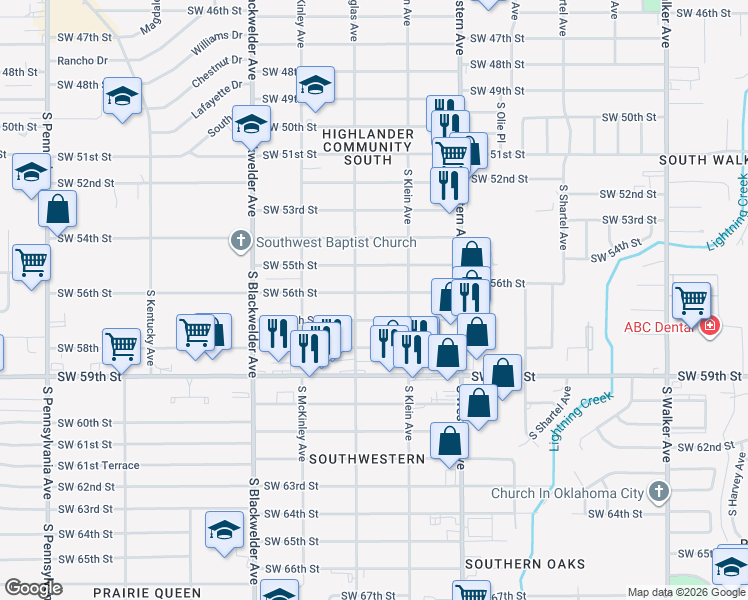 map of restaurants, bars, coffee shops, grocery stores, and more near 1040 Southwest 56th Street in Oklahoma City
