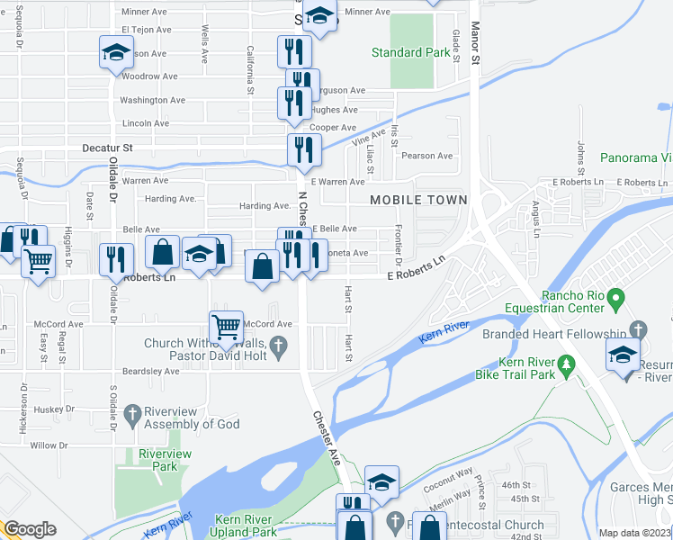 map of restaurants, bars, coffee shops, grocery stores, and more near 118 East Roberts Lane in Bakersfield