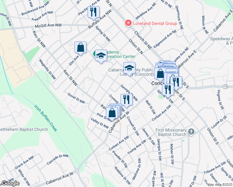 map of restaurants, bars, coffee shops, grocery stores, and more near 121 Willow Lane Northwest in Concord