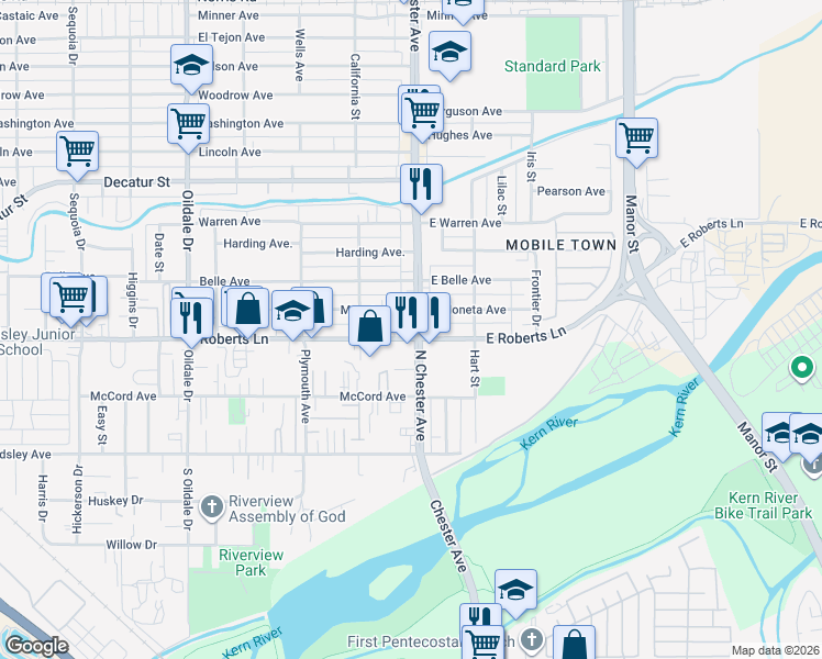 map of restaurants, bars, coffee shops, grocery stores, and more near 68 Roberts Lane in Bakersfield