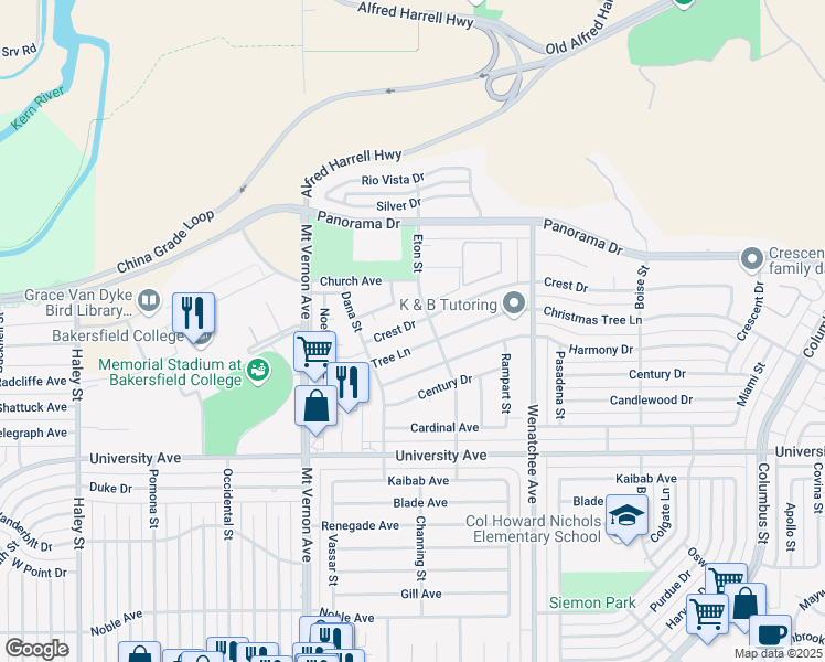 map of restaurants, bars, coffee shops, grocery stores, and more near 2701 Crest Drive in Bakersfield