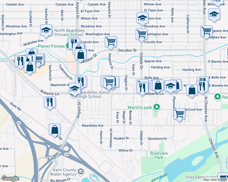 map of restaurants, bars, coffee shops, grocery stores, and more near 650 Roberts Lane in Bakersfield