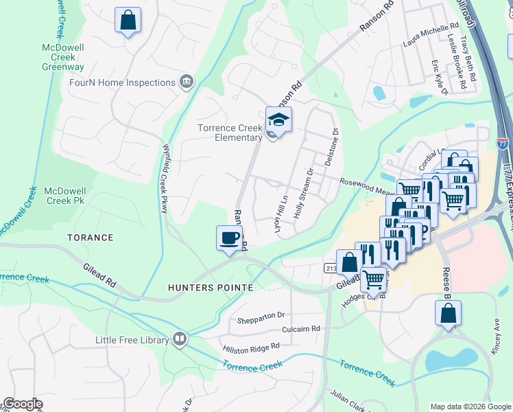 map of restaurants, bars, coffee shops, grocery stores, and more near 14418 Laurel Tree Lane in Huntersville