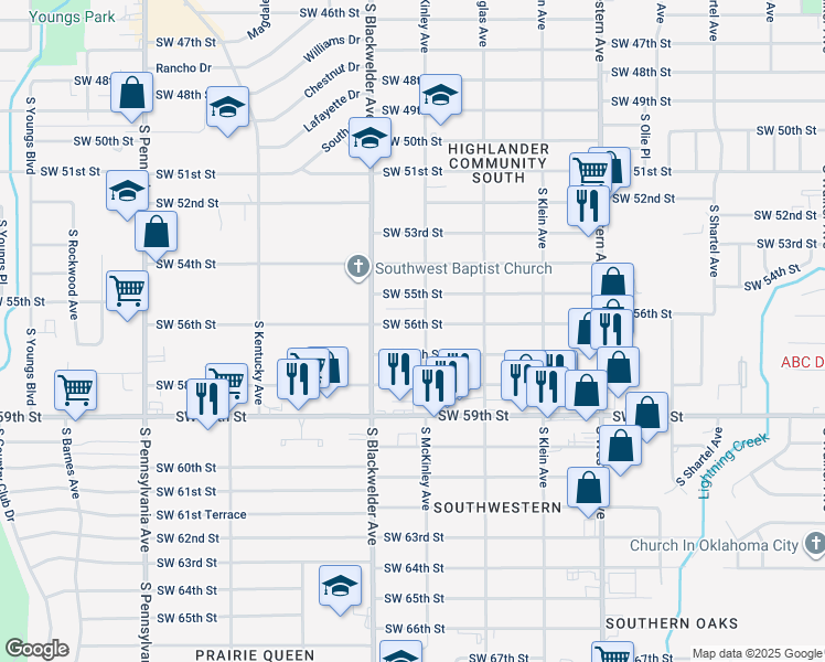 map of restaurants, bars, coffee shops, grocery stores, and more near 1208 Southwest 56th Street in Oklahoma City