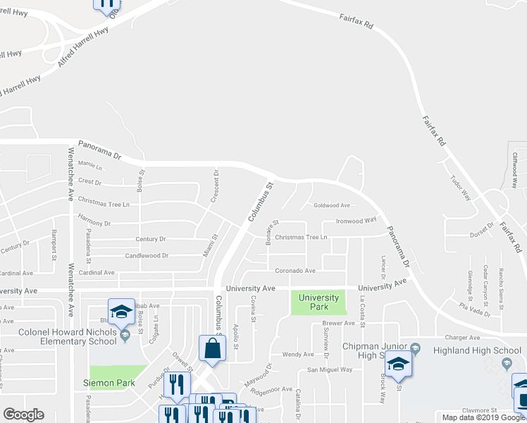 map of restaurants, bars, coffee shops, grocery stores, and more near 4721 Columbus Street in Bakersfield