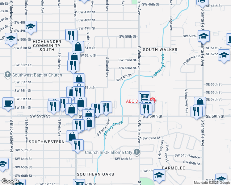 map of restaurants, bars, coffee shops, grocery stores, and more near 5600 South Shartel Avenue in Oklahoma City
