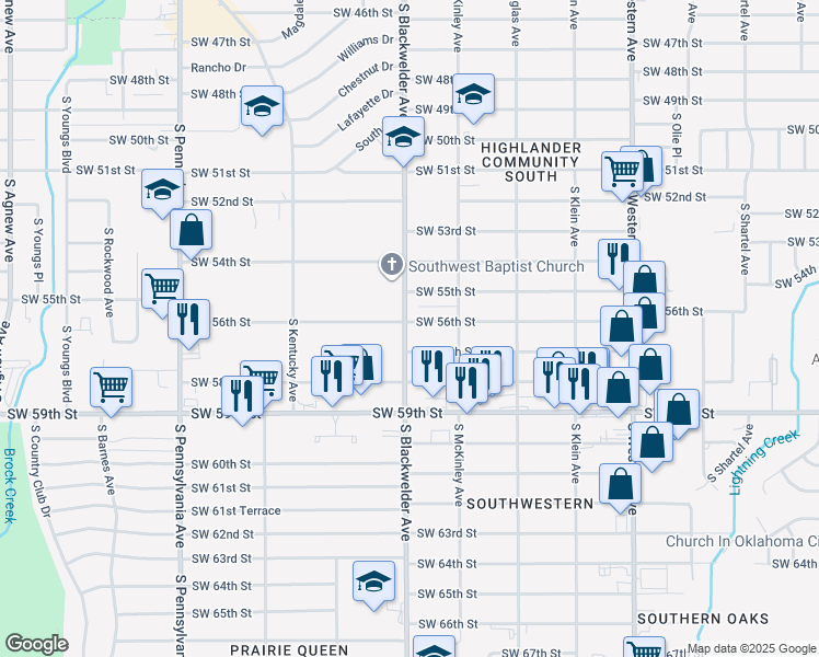 map of restaurants, bars, coffee shops, grocery stores, and more near 5700 South Blackwelder Avenue in Oklahoma City
