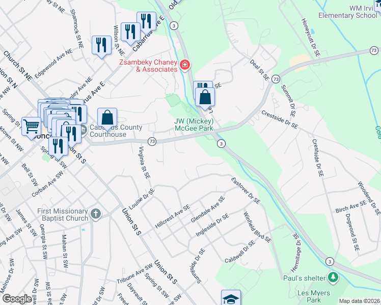 map of restaurants, bars, coffee shops, grocery stores, and more near 197 Riverbirch Drive Southeast in Concord