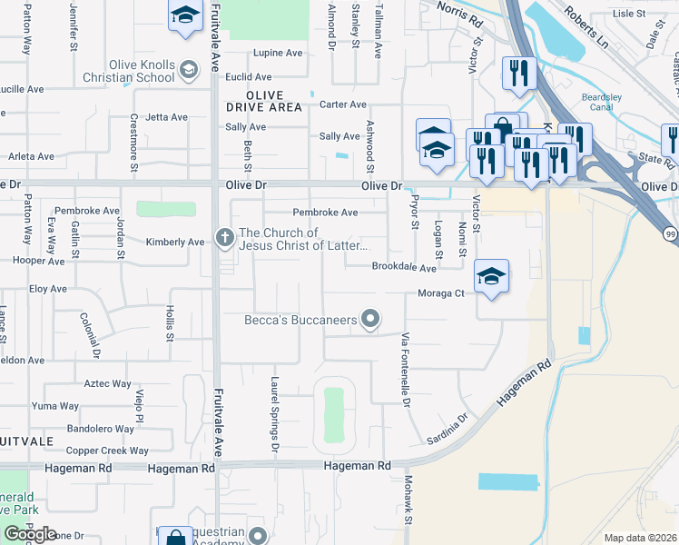 map of restaurants, bars, coffee shops, grocery stores, and more near 5605 Bayberry Avenue in Bakersfield