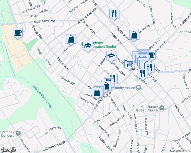 map of restaurants, bars, coffee shops, grocery stores, and more near 84 Crowell Drive Northwest in Concord