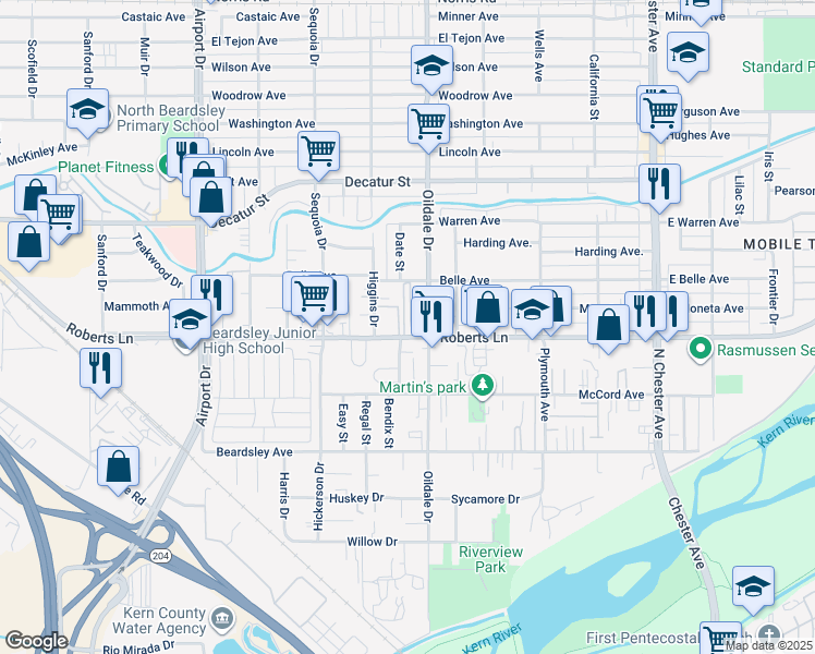 map of restaurants, bars, coffee shops, grocery stores, and more near 510 Roberts Lane in Bakersfield