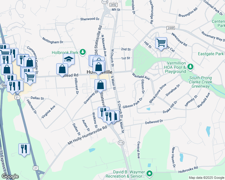 map of restaurants, bars, coffee shops, grocery stores, and more near 200 Main Street in Huntersville