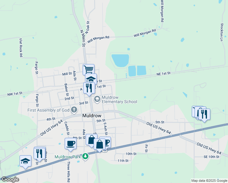 map of restaurants, bars, coffee shops, grocery stores, and more near 107 Birch Street in Muldrow