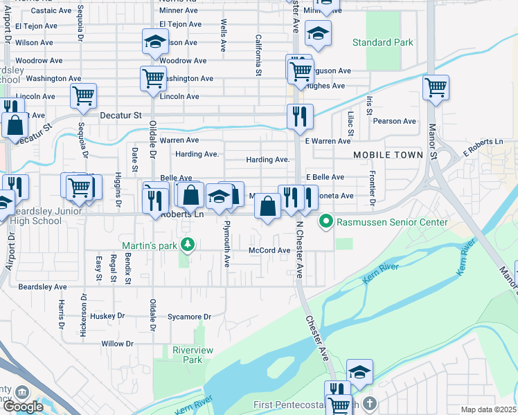 map of restaurants, bars, coffee shops, grocery stores, and more near 106 Central Avenue in Bakersfield