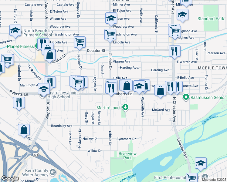 map of restaurants, bars, coffee shops, grocery stores, and more near 440 Roberts Ln in Bakersfield