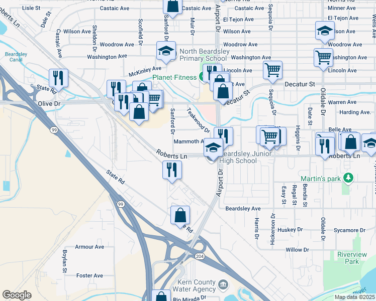 map of restaurants, bars, coffee shops, grocery stores, and more near 1000 Roberts Lane in Bakersfield