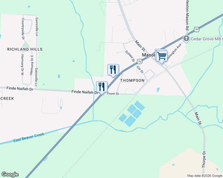 map of restaurants, bars, coffee shops, grocery stores, and more near 172 Wall Street in Mason